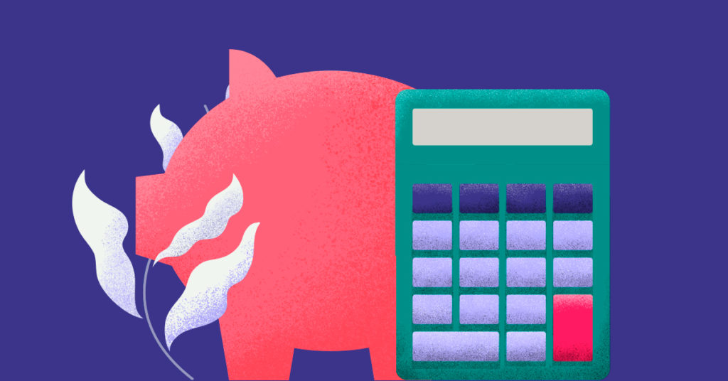 O que é e como funciona o rendimento da poupança? - ilustração de uma calculadora com um porquinho de cofrinho atrás