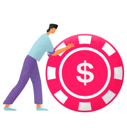 O que é renda variável e como começar a investir? - ilustração de uma pessoa empurrando uma moeda de poker vermelha com um $ no meio