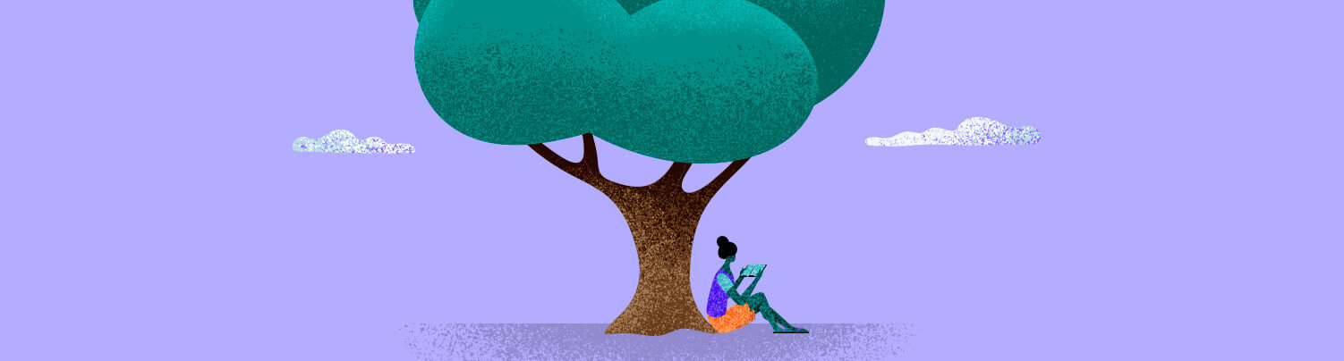 O que é buy and hold? - ilustração de uma mulher sentada lendo um livro encostada em uma grande árvore