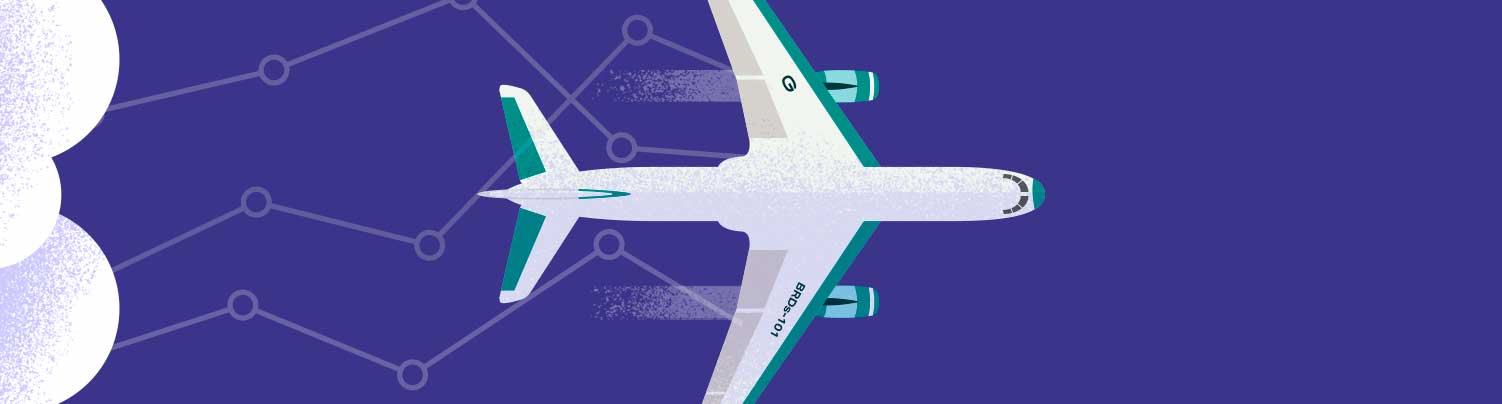 O que são e como investir em BDR? - ilustração de um avião viajando num céu azul escuro