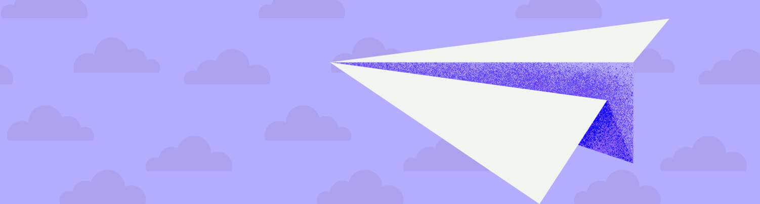 Como investir no exterior de forma simples? - ilustração de um avião de papel num fundo azul com nuvens