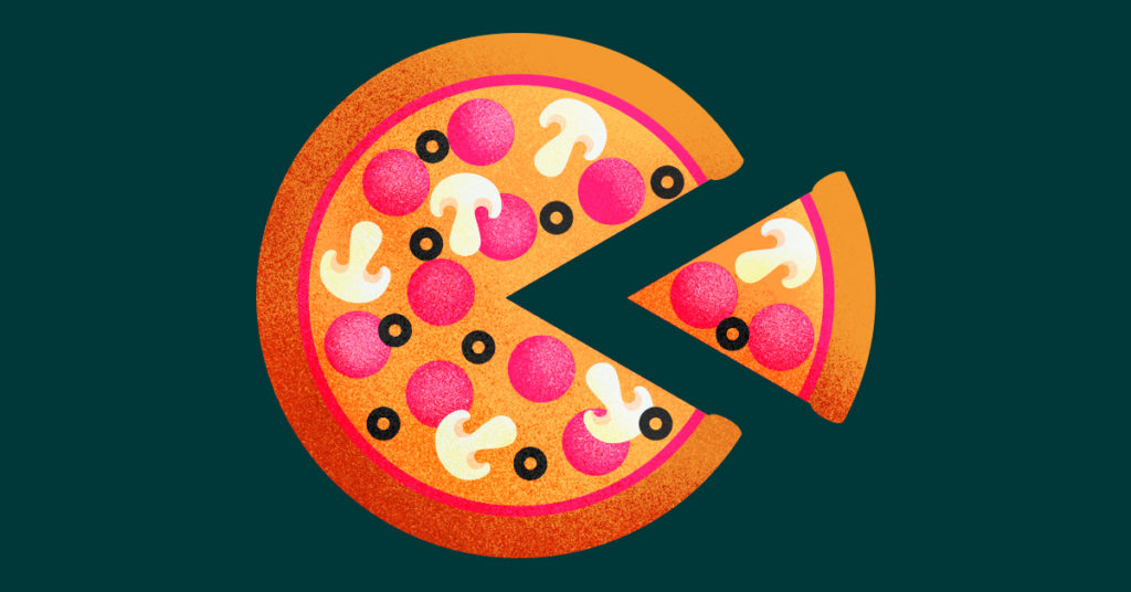 O que é e como funciona o come-cotas? - ilustração de uma pizza e uma fatia cortada