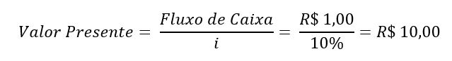Cálculo Valor presente = fluxo de caixa dividir por i = R$1,00 dividir por 10% = R$10